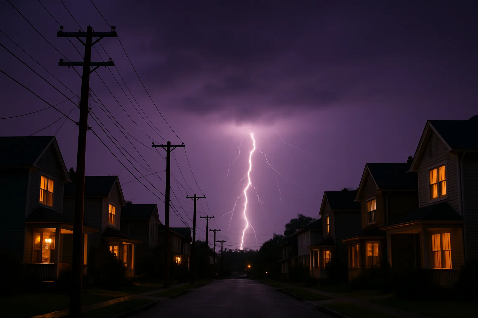 Distant lightning over a suburban street with overhead power lines at dusk