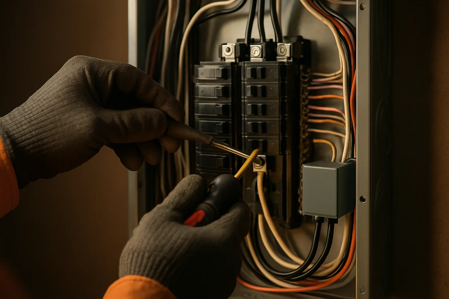 Electrician's gloved hands working inside an open breaker panel with a surge device mounted at the side