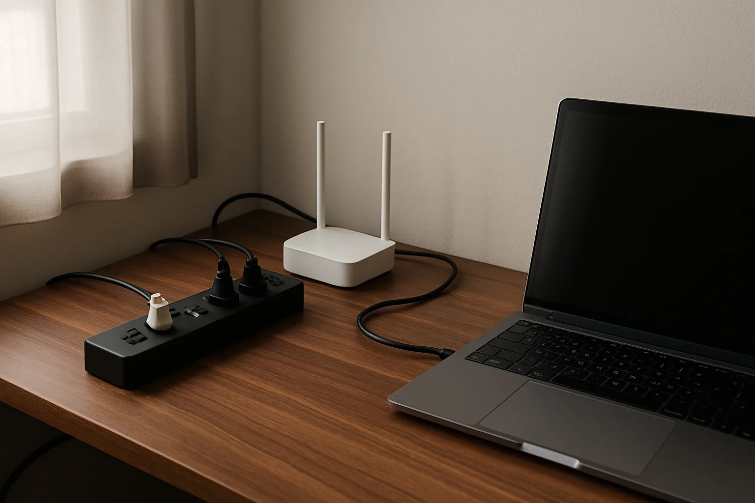 Home office desk with a black surge protector power strip, an unbranded router and a laptop