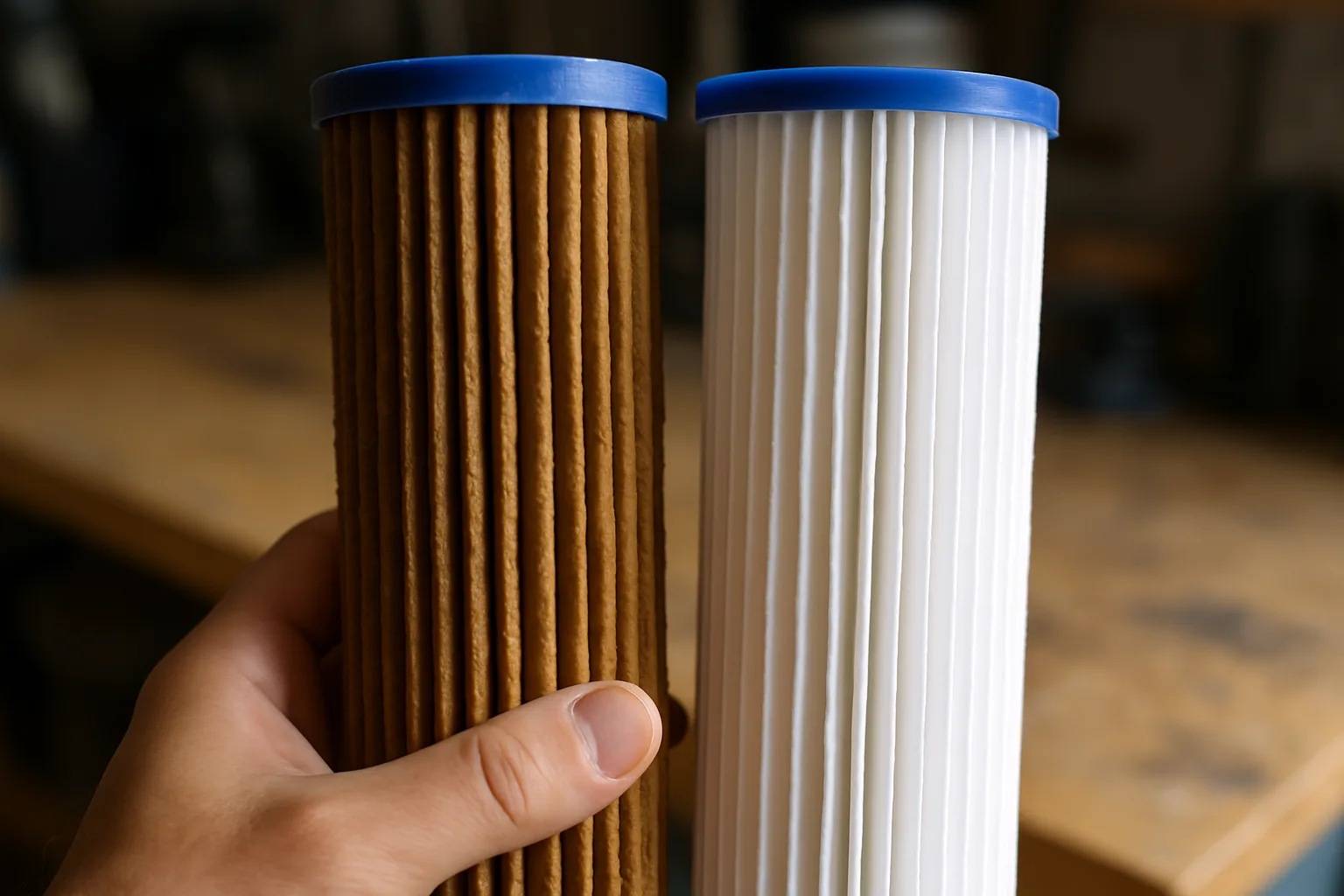 Discolored used sediment filter cartridge next to a clean new pleated cartridge on a workbench