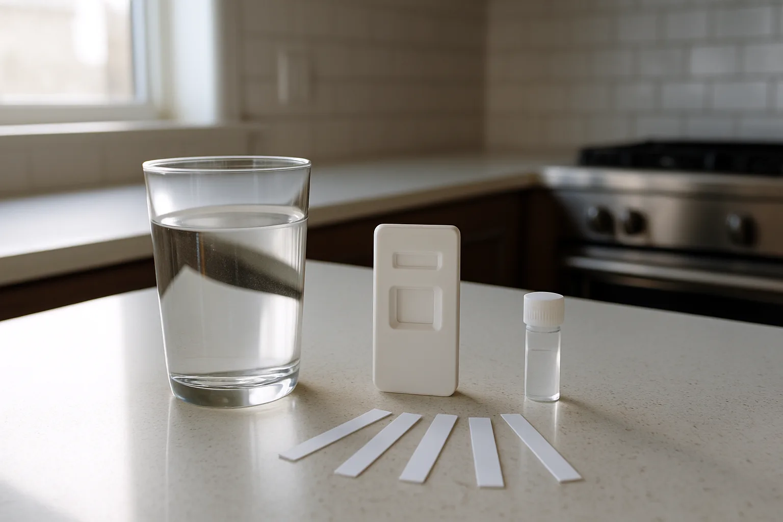 Glass of tap water on a kitchen counter beside a home water test kit with test strips laid out