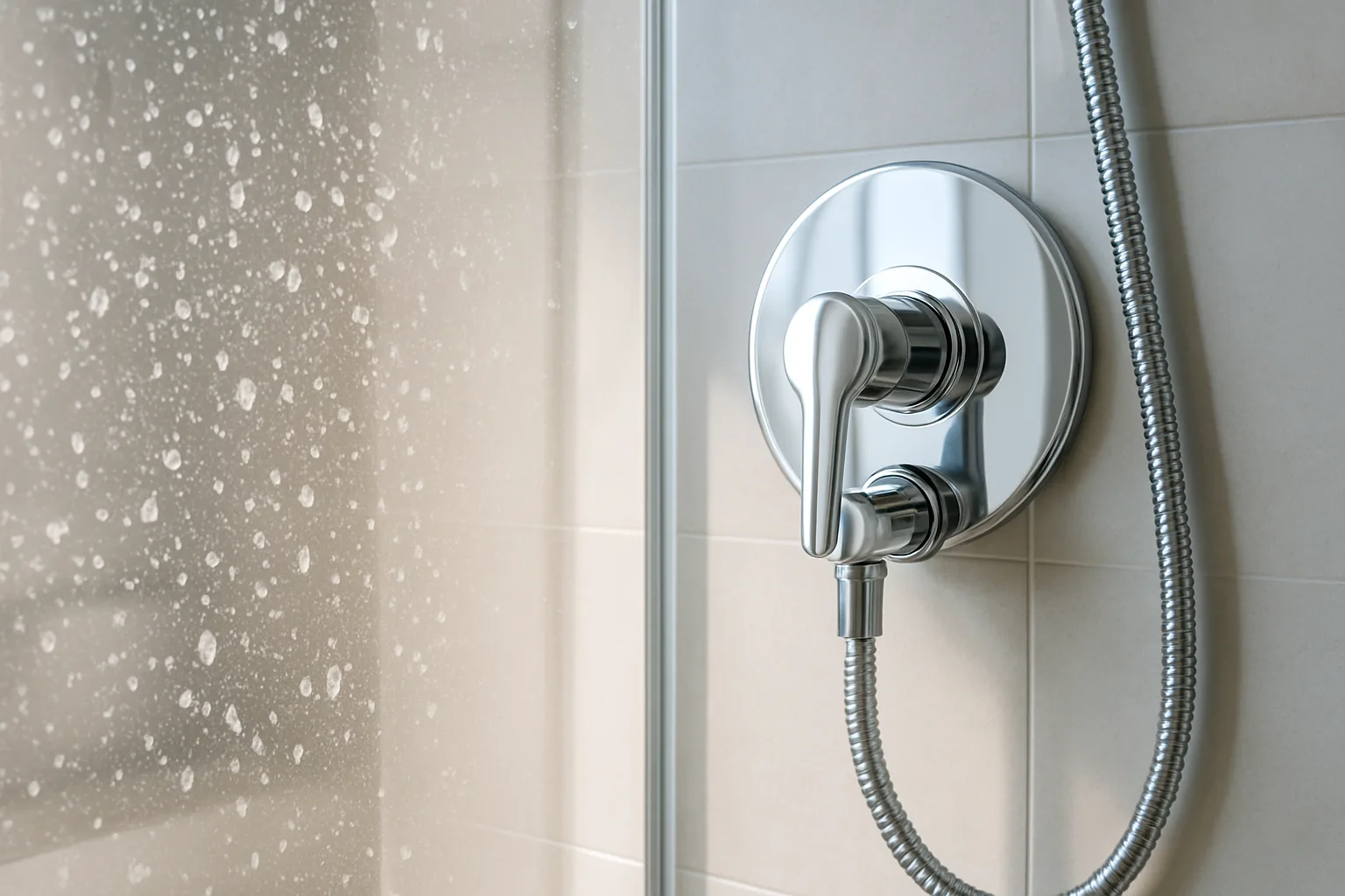 Spotted glass shower door beside a chrome shower valve, the kind of residue hard water leaves behind