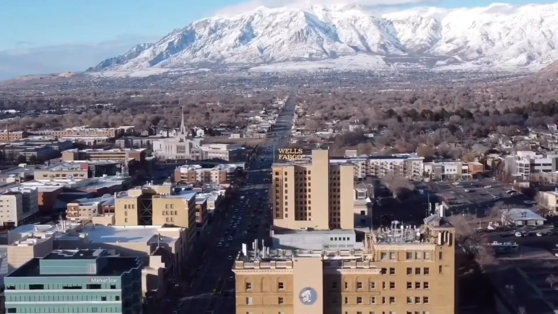 Ogden historic downtown with mountains in the distance