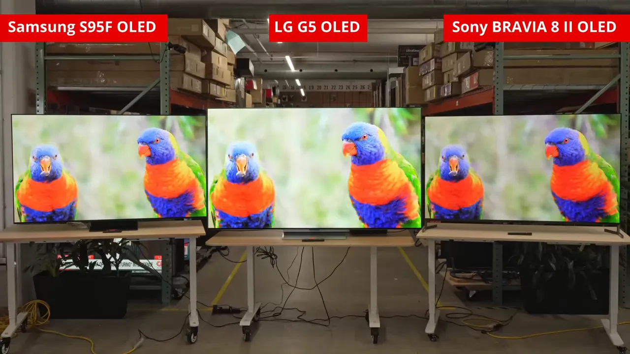 Three thin OLED TVs side-by-side showing design differences