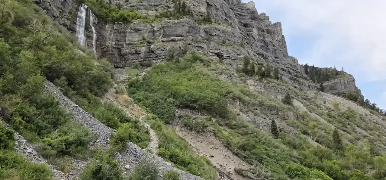 Bridal Veil Falls double waterfall visible from the parking lot