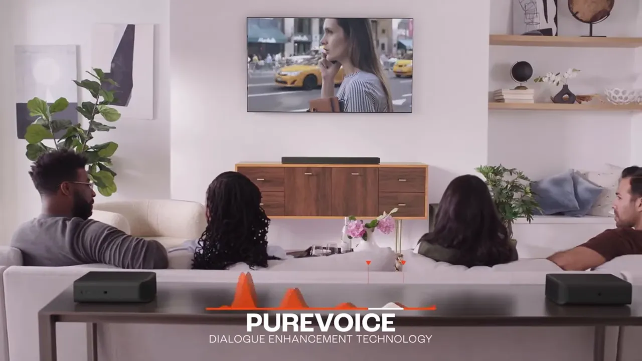 JBL Bar 1300 with detachable rear speakers and subwoofer in a living room