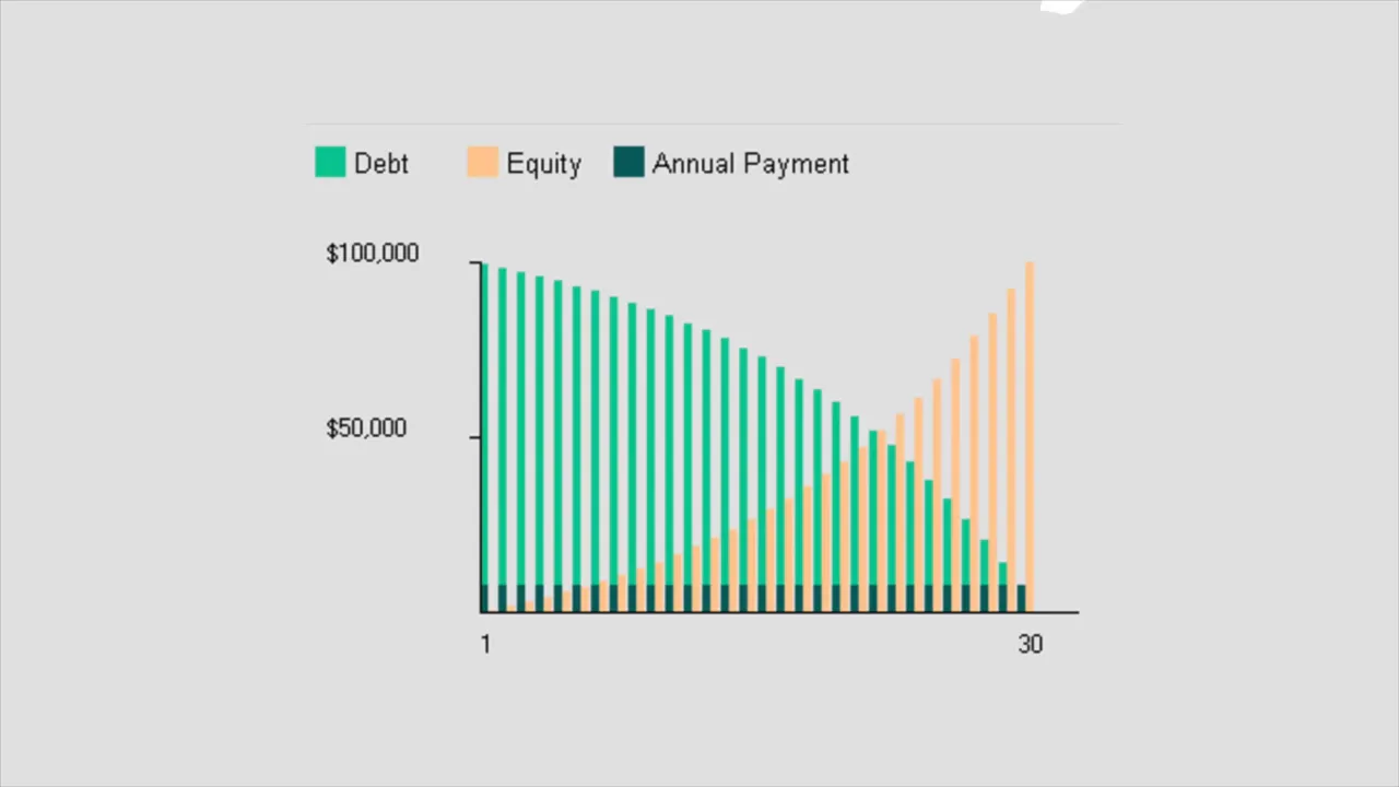 Bar chart showing debt decreasing and equity increasing over a 30-year mortgage with annual payment bars and legend