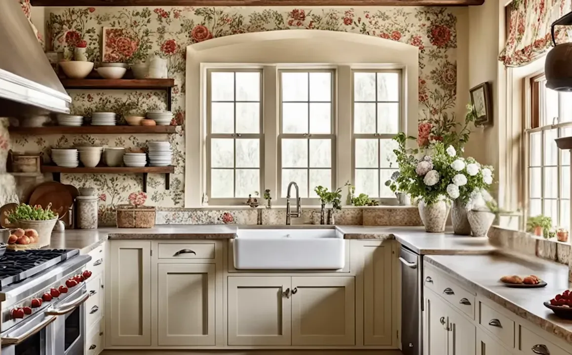 Kitchen corner with floral patterns and ruffled textiles