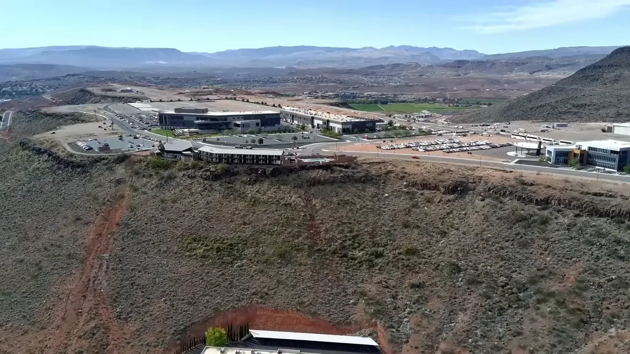 Aerial view of Tech Ridge development on the St. George ridge showing campus buildings and parking
