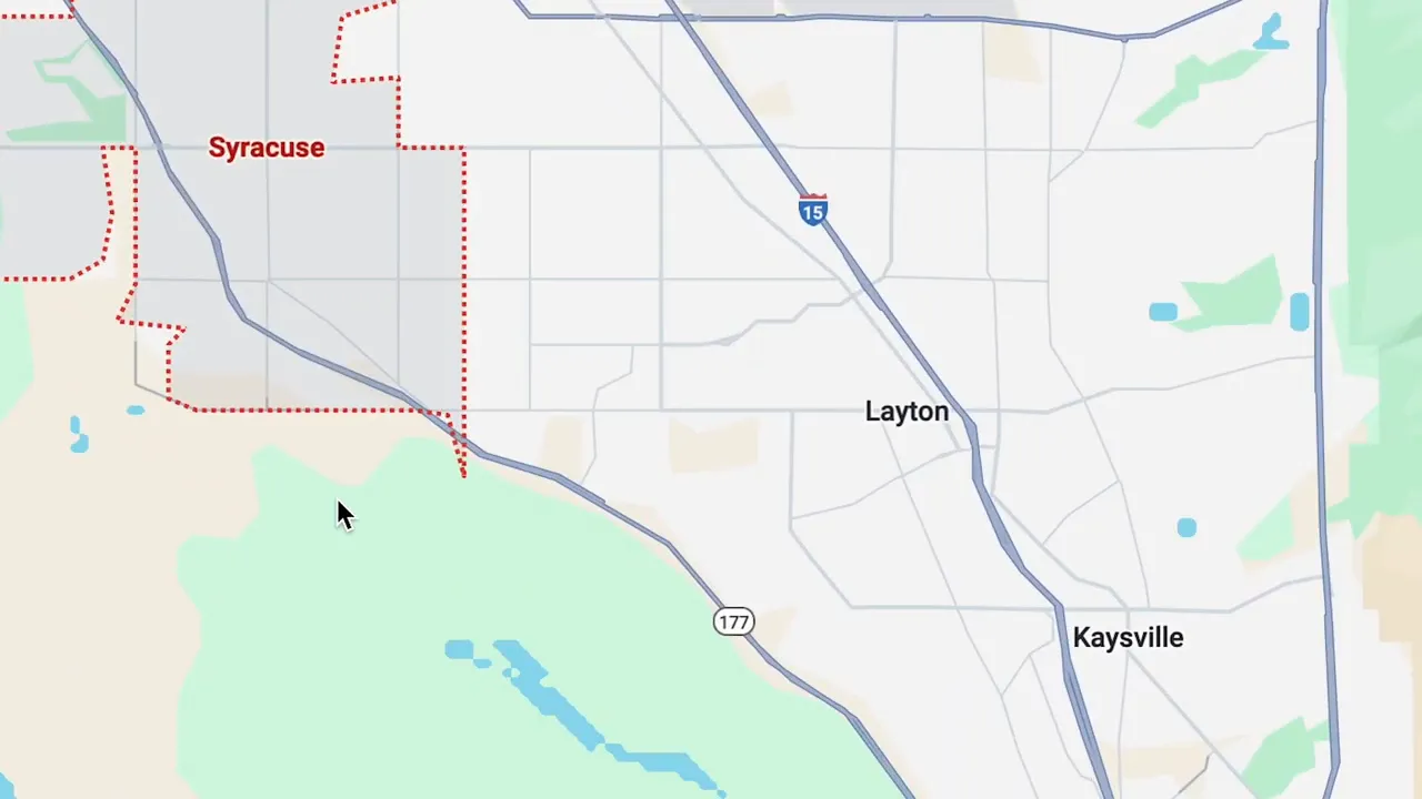 Map showing Syracuse, Layton and Kaysville along the I-15 corridor with municipal boundaries