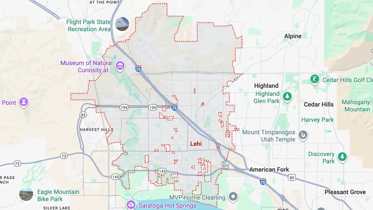 Map showing Lehi, American Fork and surrounding Utah County with roads and highlighted development areas