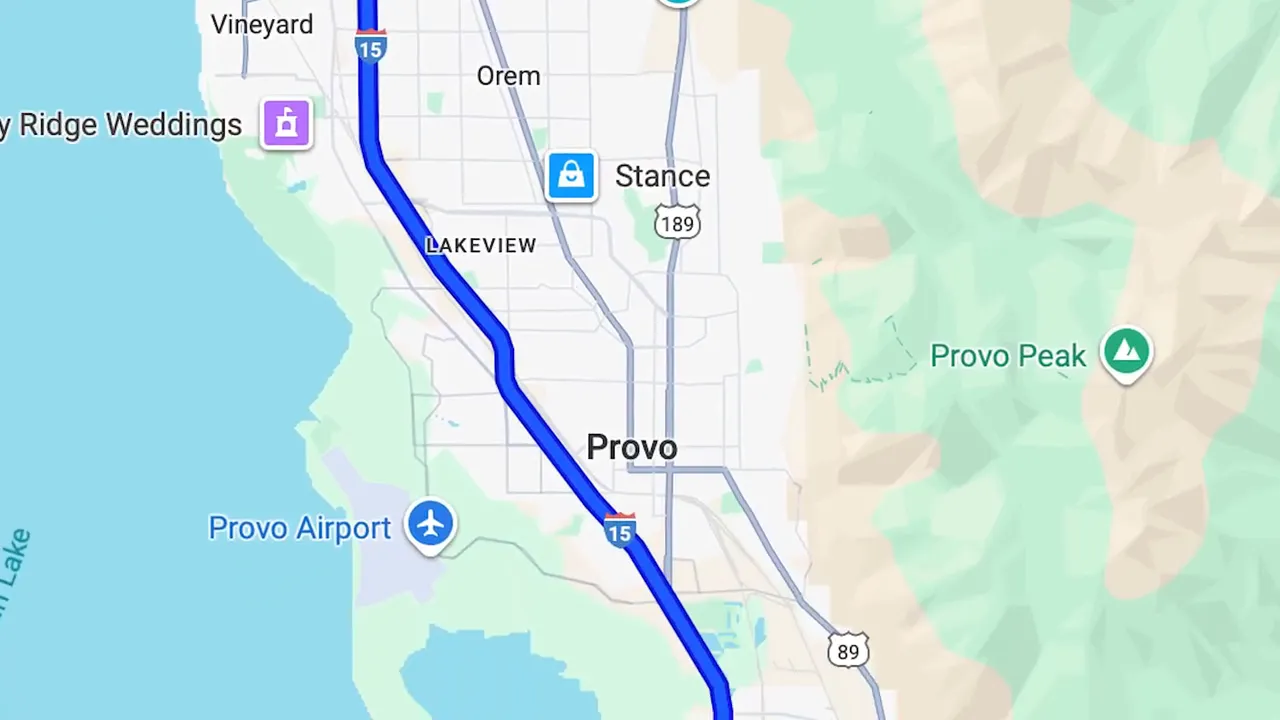 map showing Provo, I-15 corridor and Provo Airport along the Utah Valley
