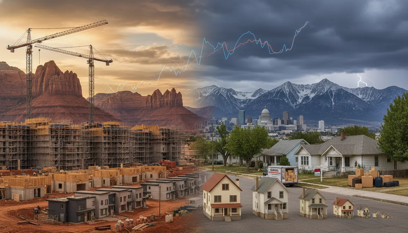 Panoramic Utah housing scene with new-construction cranes and modern homes on one side, older bungalows and moving boxes on the other, rows of shrinking house models and a glowing fluctuating line across the sky over red rock cliffs and the Salt Lake City skyline, symbolizing a volatile 2026 home-price forecast
