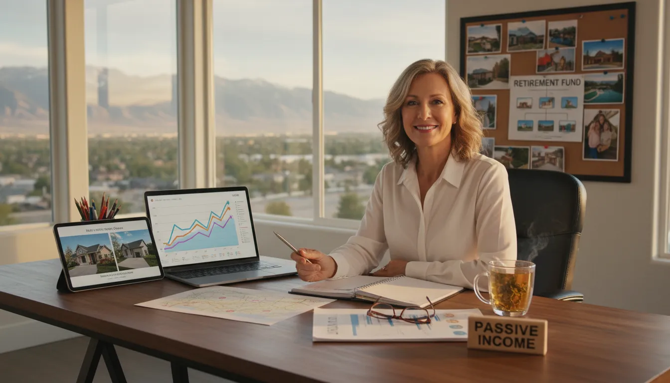 Split illustration showing surface parking and low-density block on the left and transit-rich mid-rise housing replacing parking on the right