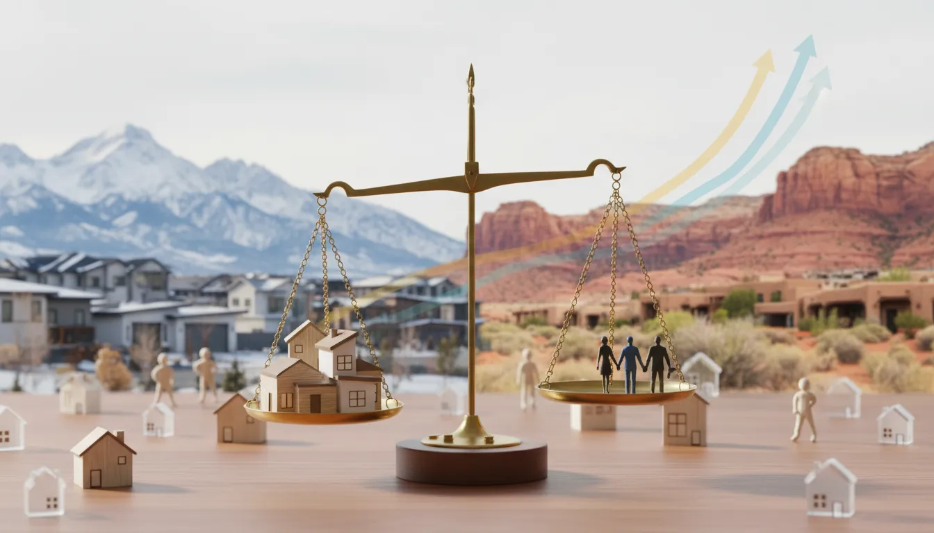 Composite photo of Utah housing market shift: scale with house models and buyers, Wasatch mountains and St. George red rock, clusters of homes showing inventory changes