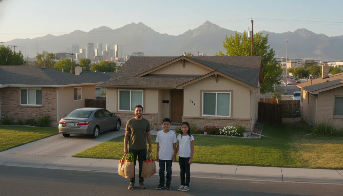 Utah family outside a home with Utah mountains in the background, illustrating the shift in affordability in 2025 without any text.