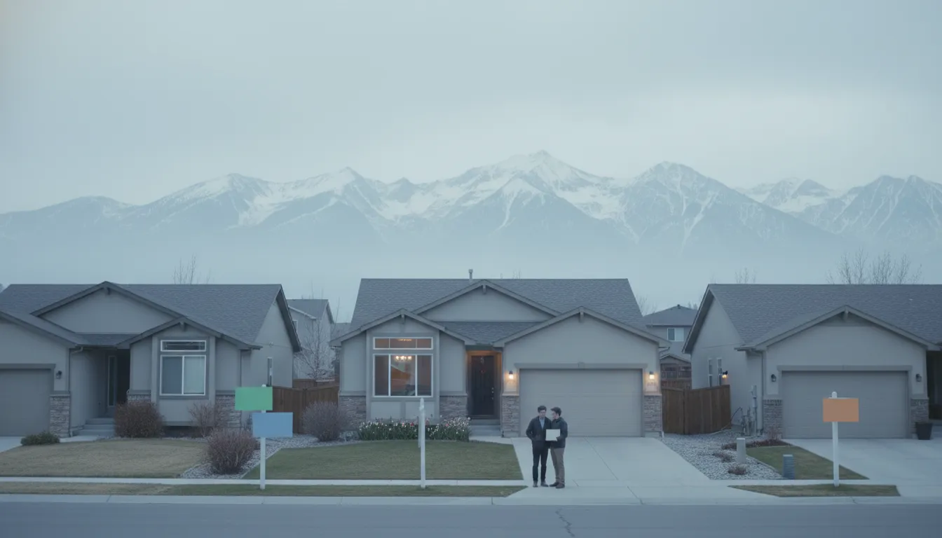 Spring housing market scene in Utah with buyers inspecting homes and inventory pressure cues against the Wasatch Front mountains, no text shown.