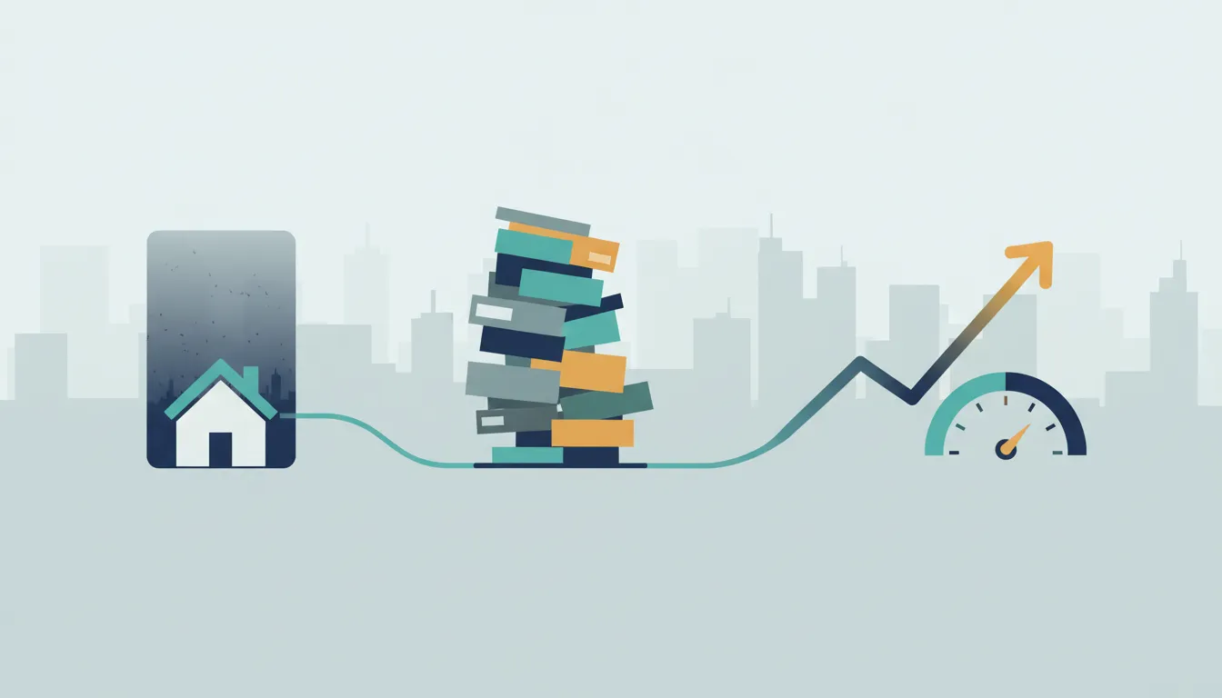 Editorial illustration showing housing affordability stress, inventory constraints, and mortgage-rate pressure through interconnected icons and visual graphs (no text).