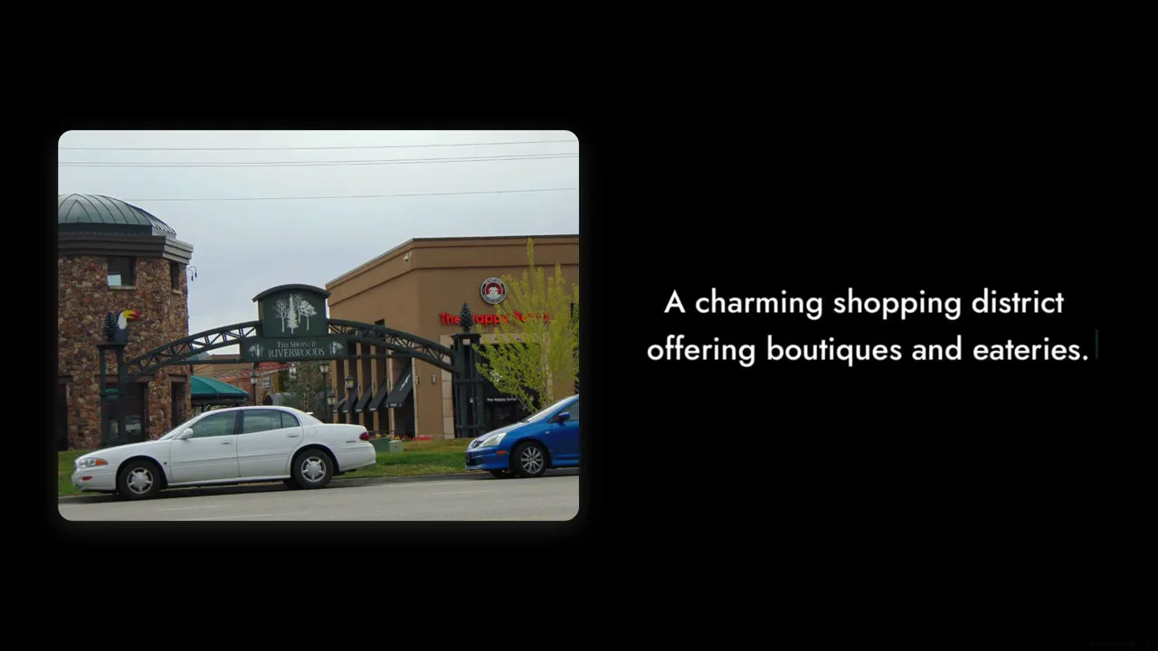 Shops at Riverwoods storefronts and outdoor dining areas with mountain scenery