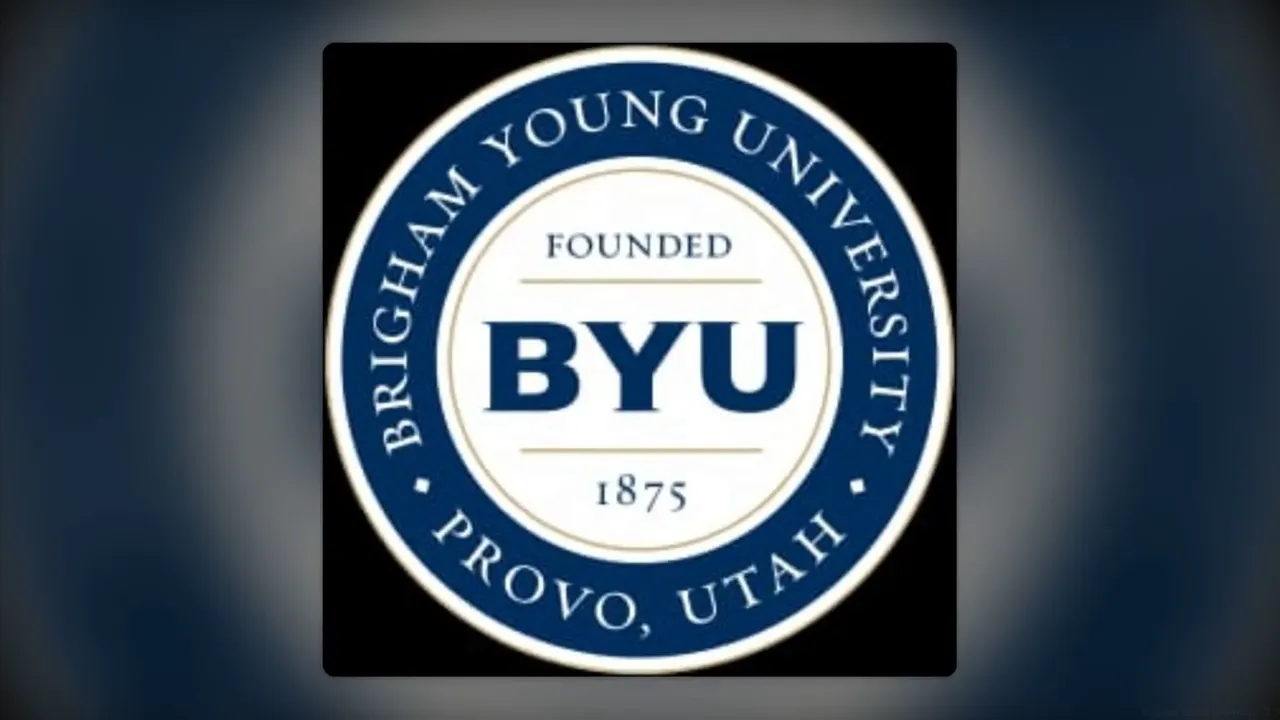 Brigham Young University campus buildings with students and landscaping