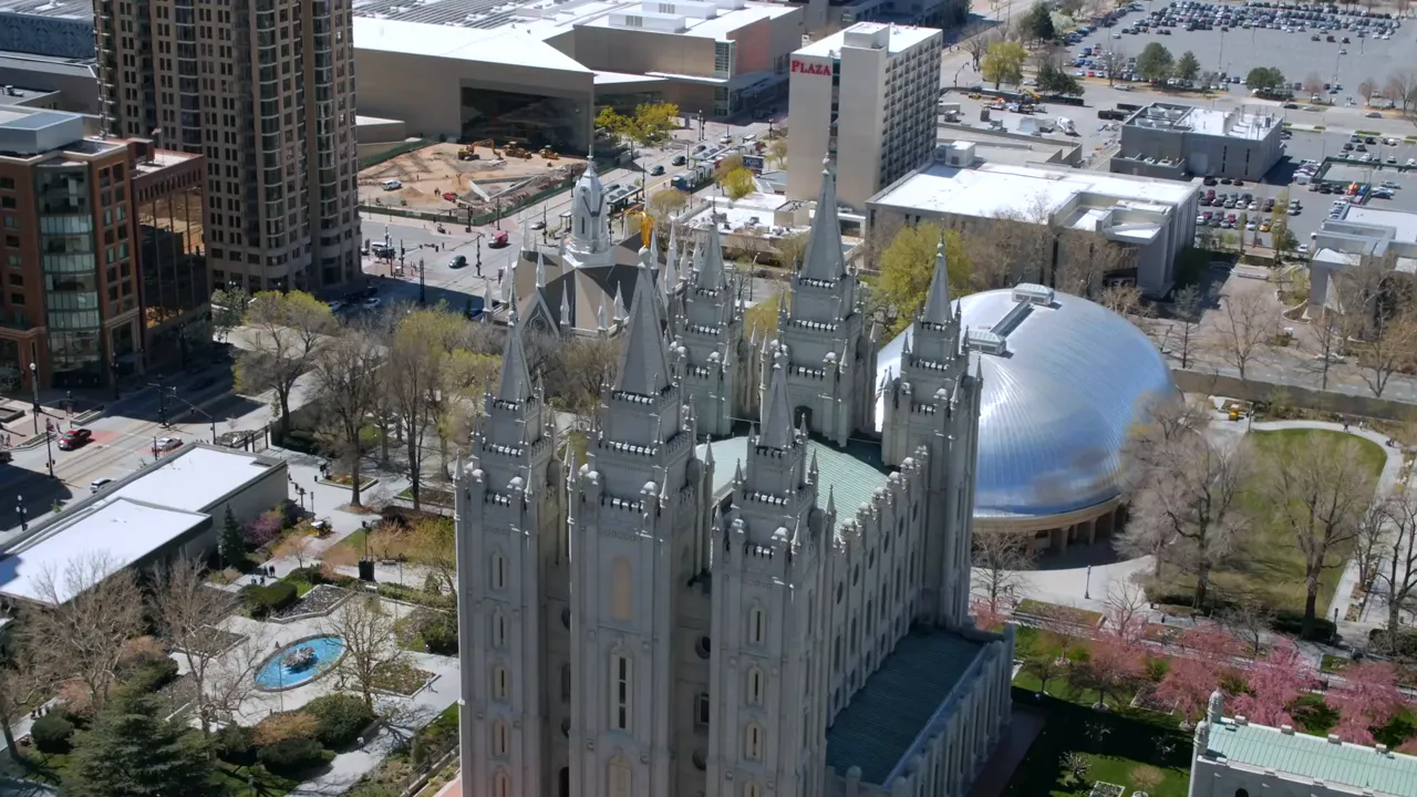 View of Temple Square and surrounding gardens on a clear day
