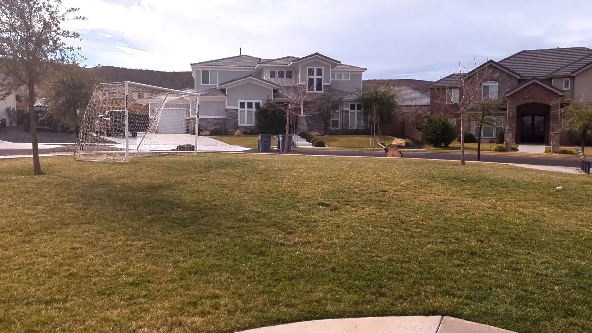 Community grassy area with soccer net and benches in Santa Clara
