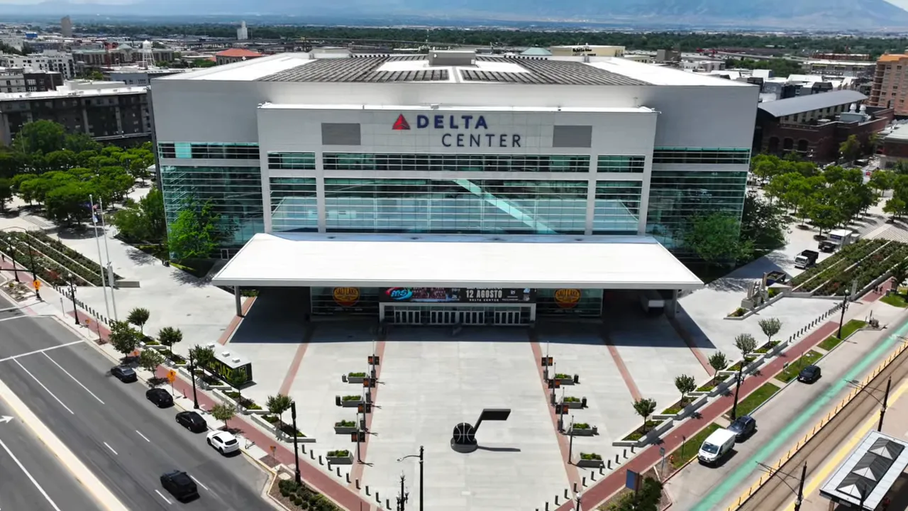 Delta Center exterior near downtown Salt Lake City with stadium signage