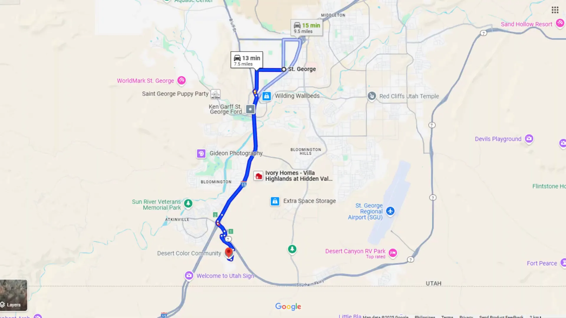 Map showing location of Desert Color in relation to St. George and Arizona border