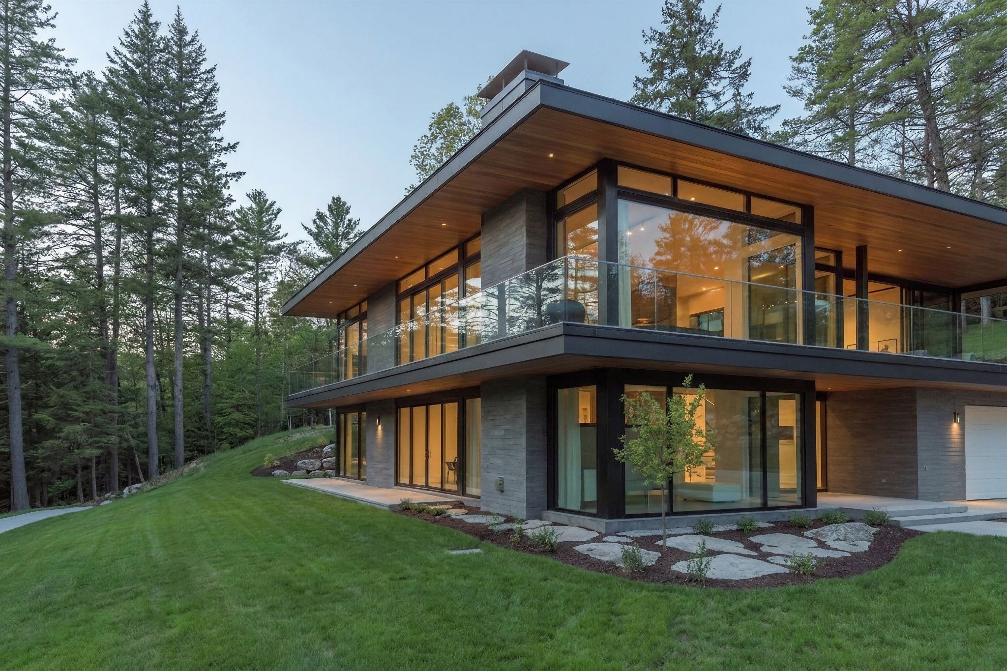 Modern glass-walled home with terrace and clean exterior lines