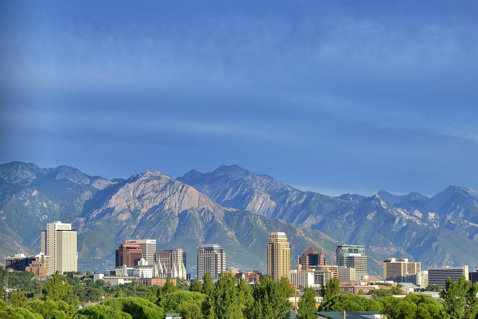 Downtown Salt Lake City skyline with the Wasatch Range behind